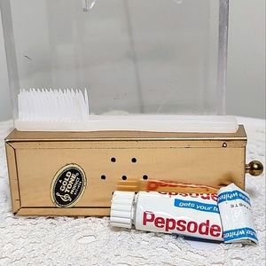 Vintage Mid-Century Metal Toothbrush Travel Case Pepsodent Toothpaste Gold Tone